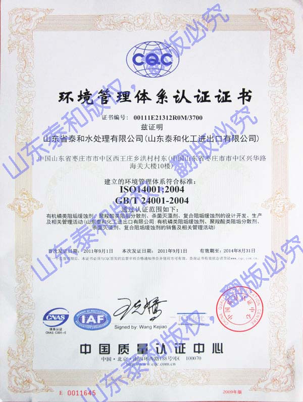 山东泰和科技股份有限公司ISO14001环境管理体系认证