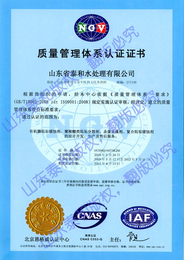 山东泰和科技股份有限公司ISO9001质量管理体系认证